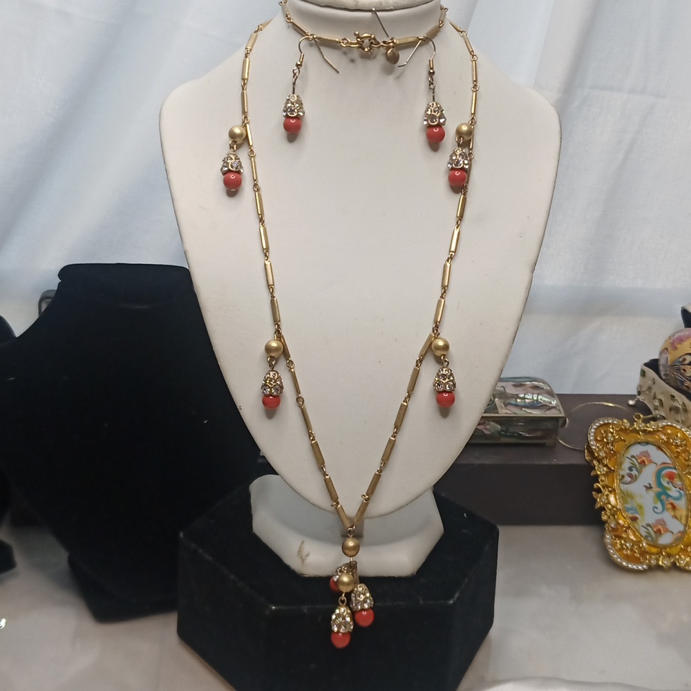 Vintage J Crew Long Tassel Necklace Earrings Set Coral Color Beads Rhinestone
